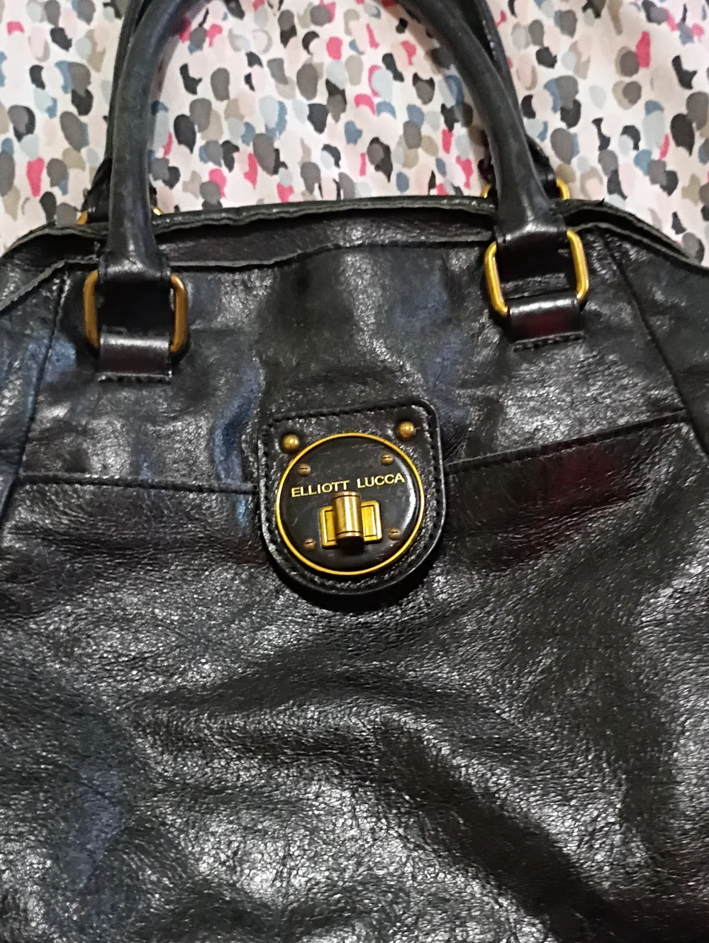 Elliott Lucca Black Leather Tote with Gold-Tone Accents